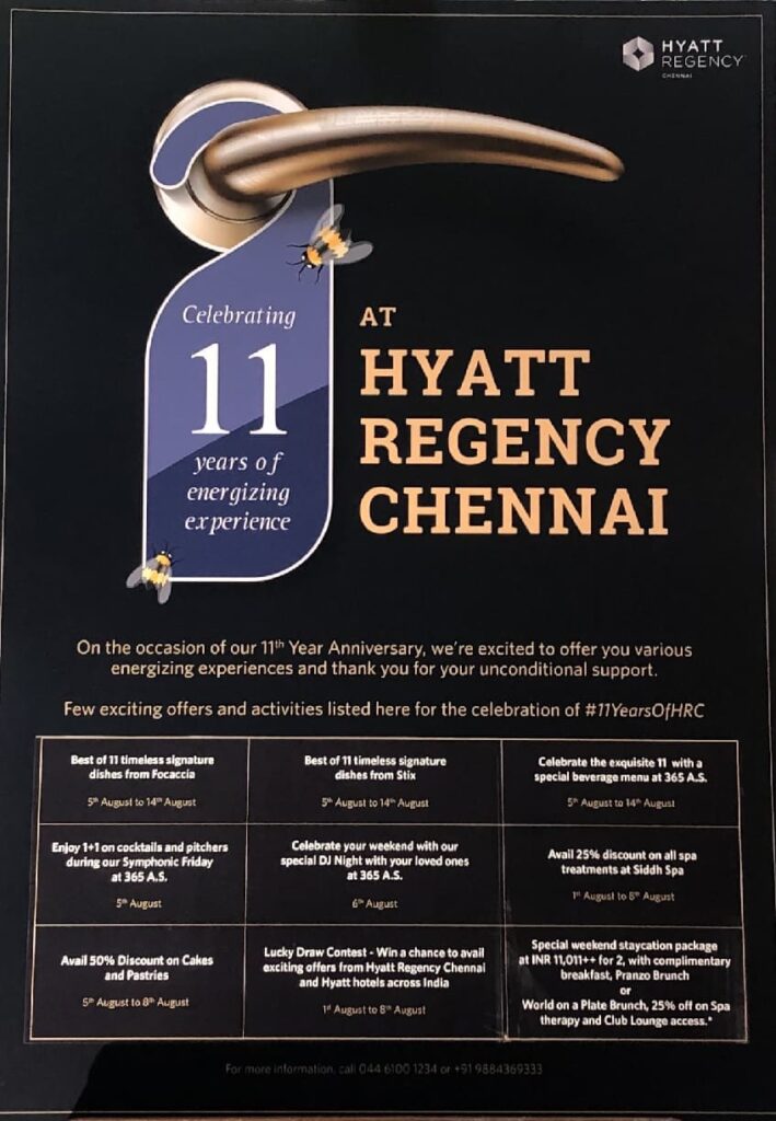 Hyatt Regency Chennai 11 Years Anniversary Offers