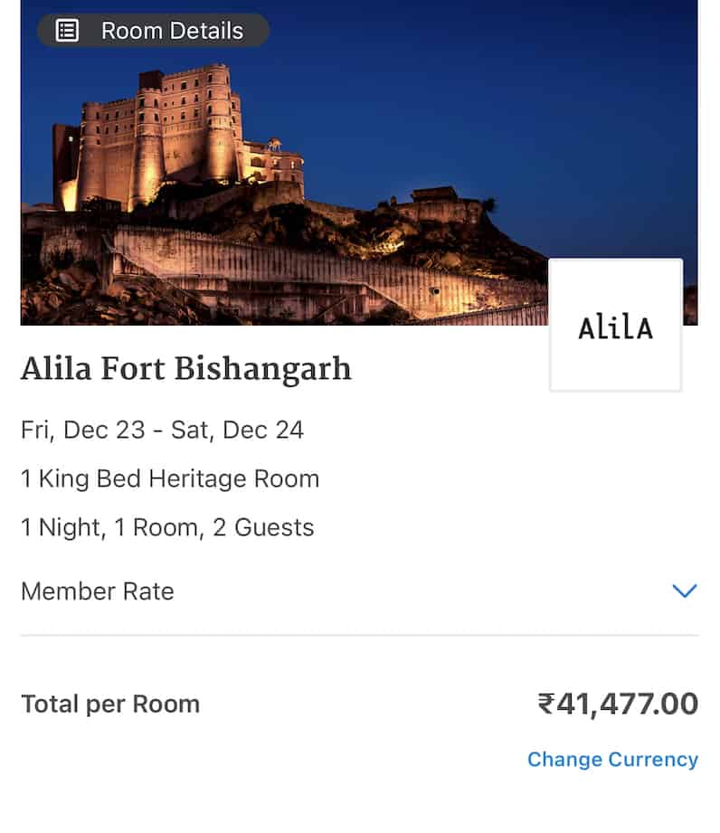 Alila Fort Bishangarh Nightly Rate